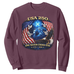 US 250th Anniversary Sweatshirt 250 Years One Nation Under God Christian Patriotic Cross USA Flag TS10 Maroon Print Your Wear