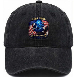 US 250th Anniversary Washed Cotton Baseball Cap 250 Years One Nation Under God Christian Patriotic Cross USA Flag TS10 Washed Cap Universal Fit Black Print Your Wear