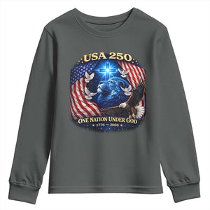 US 250th Anniversary Youth Sweatshirt 250 Years One Nation Under God Christian Patriotic Cross USA Flag TS10 Dark Heather Print Your Wear