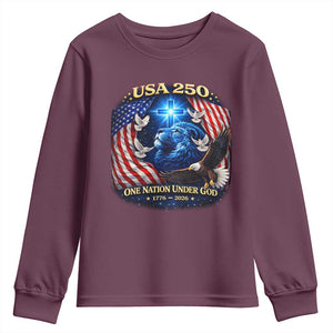 US 250th Anniversary Youth Sweatshirt 250 Years One Nation Under God Christian Patriotic Cross USA Flag TS10 Maroon Print Your Wear