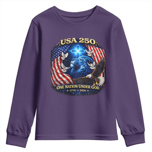 US 250th Anniversary Youth Sweatshirt 250 Years One Nation Under God Christian Patriotic Cross USA Flag TS10 Purple Print Your Wear