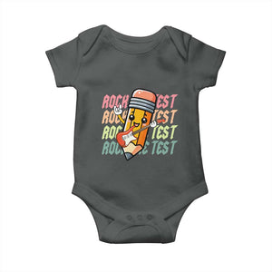 Teacher Rock The Test Day Baby Onesie Testing Motivational TS10 Dark Heather Print Your Wear