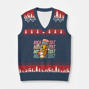 Teacher Rock The Test Day V-Neck Knit Sweater Vest Testing Motivational TS10 Navy Red Print Your Wear