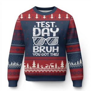 Test Day Bruh Ugly Christmas Sweater You Got This Testing Motivational Sunglasses Teacher TS10 Navy Red Print Your Wear