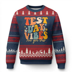 Test Day Vibes Ugly Christmas Sweater Teacher Groovy Testing Day Exam TS10 Navy Red Print Your Wear