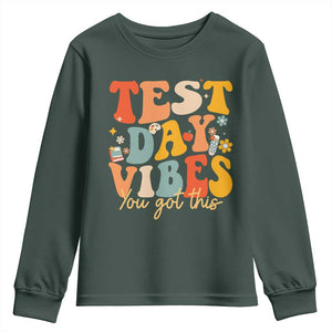 Test Day Vibes Youth Sweatshirt Teacher Groovy Testing Day Exam TS10 Dark Forest Green Print Your Wear