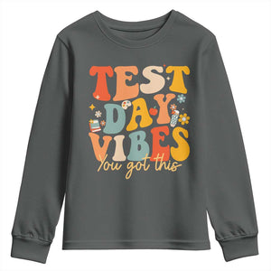 Test Day Vibes Youth Sweatshirt Teacher Groovy Testing Day Exam TS10 Dark Heather Print Your Wear