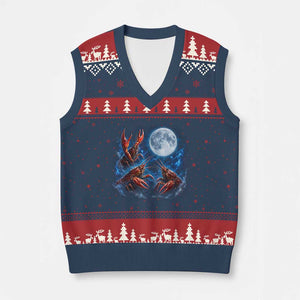 Three Crawfish Moon V-Neck Knit Sweater Vest Lobster Howling To The Moon Vintage Moon Animals TS10 Navy Red Print Your Wear