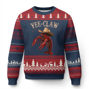 Funny Cowboy Crawfish Ugly Christmas Sweater Yee Claw Funny Crawfish Cajun Seafood Festival TS10 Navy Red Print Your Wear
