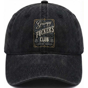 Vintage Grumpy Fuckers Club Lifetime Member Washed Cotton Baseball Cap Retro Birthday Husband Dad Fathers Day