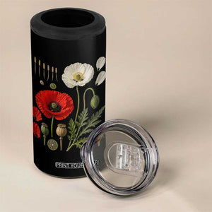 Summer Red Poppy Flower Botanical Poppies Vintage Print Memorial Day Floral Graphic 4 in 1 Can Cooler Tumbler