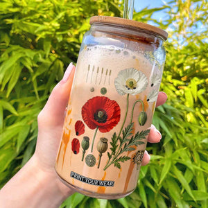 Summer Red Poppy Flower Botanical Poppies Vintage Print Memorial Day Floral Graphic Glass Can
