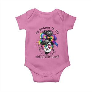 No Shame In My Recovery Game Baby Onesie Messy Bun Semicolon Graphic