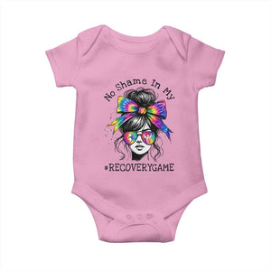 No Shame In My Recovery Game Baby Onesie Messy Bun Semicolon Graphic