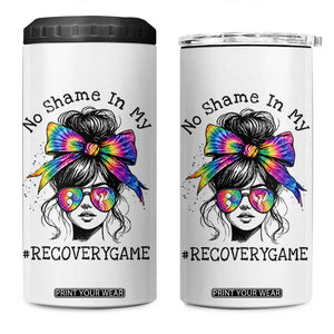 No Shame In My Recovery Game 4 in 1 Can Cooler Tumbler Messy Bun Semicolon Graphic