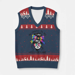 No Shame In My Recovery Game V-Neck Knit Sweater Vest Messy Bun Semicolon Graphic