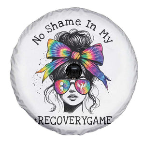 No Shame In My Recovery Game Spare Tire Cover Messy Bun Semicolon Graphic