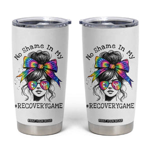 No Shame In My Recovery Game Tumbler Cup Messy Bun Semicolon Graphic