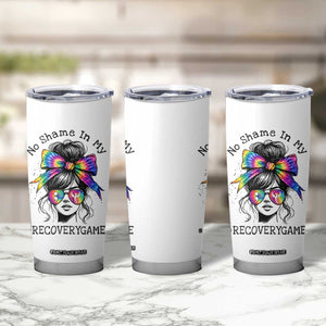 No Shame In My Recovery Game Tumbler Cup Messy Bun Semicolon Graphic