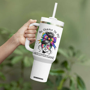 No Shame In My Recovery Game Tumbler With Handle Messy Bun Semicolon Graphic