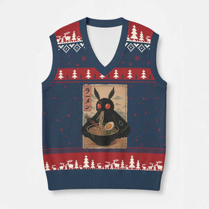 Funny Mothman Ramen V-Neck Knit Sweater Vest Japanese Kawaii Noodles Cryptid Retro Manga Anime TS10 Navy Red Print Your Wear