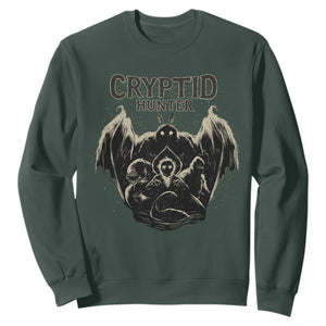 Retro Cryptid Hunter Sweatshirt Mothman Bigfoot Loch Ness Monster Cryptids TS10 Dark Forest Green Print Your Wear