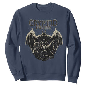 Retro Cryptid Hunter Sweatshirt Mothman Bigfoot Loch Ness Monster Cryptids TS10 Navy Print Your Wear