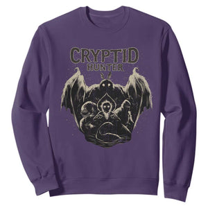 Retro Cryptid Hunter Sweatshirt Mothman Bigfoot Loch Ness Monster Cryptids TS10 Purple Print Your Wear