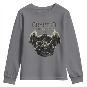Retro Cryptid Hunter Youth Sweatshirt Mothman Bigfoot Loch Ness Monster Cryptids TS10 Charcoal Print Your Wear
