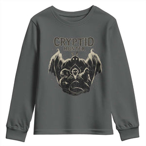 Retro Cryptid Hunter Youth Sweatshirt Mothman Bigfoot Loch Ness Monster Cryptids TS10 Dark Heather Print Your Wear
