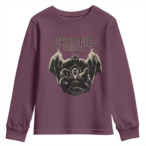 Retro Cryptid Hunter Youth Sweatshirt Mothman Bigfoot Loch Ness Monster Cryptids TS10 Maroon Print Your Wear
