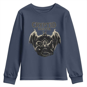 Retro Cryptid Hunter Youth Sweatshirt Mothman Bigfoot Loch Ness Monster Cryptids TS10 Navy Print Your Wear