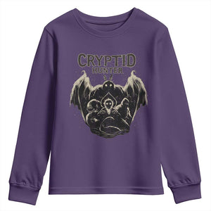 Retro Cryptid Hunter Youth Sweatshirt Mothman Bigfoot Loch Ness Monster Cryptids TS10 Purple Print Your Wear