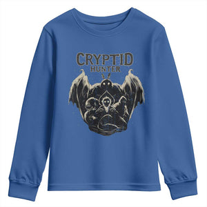 Retro Cryptid Hunter Youth Sweatshirt Mothman Bigfoot Loch Ness Monster Cryptids TS10 Royal Blue Print Your Wear