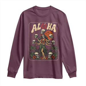 Aloha Skull Long Sleeve Shirt Hibiscus Flower Hula Dancer Dark Tropical Beach Gothic Hawaiian Vibe TS10 Maroon Print Your Wear