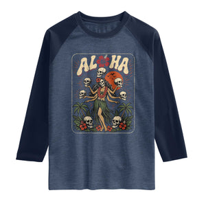 Aloha Skull Raglan Shirt Hibiscus Flower Hula Dancer Dark Tropical Beach Gothic Hawaiian Vibe TS10 Heather Denim Navy Print Your Wear