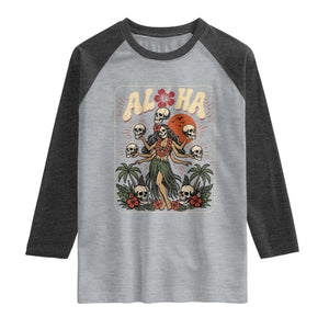 Aloha Skull Raglan Shirt Hibiscus Flower Hula Dancer Dark Tropical Beach Gothic Hawaiian Vibe TS10 Heather Gray Heather Charcoal Print Your Wear
