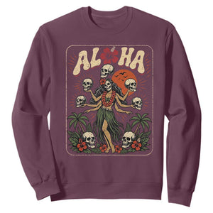 Aloha Skull Sweatshirt Hibiscus Flower Hula Dancer Dark Tropical Beach Gothic Hawaiian Vibe TS10 Maroon Print Your Wear