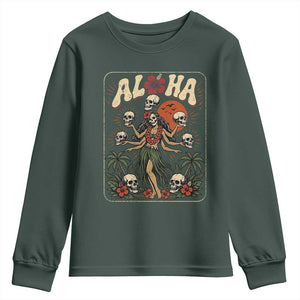 Aloha Skull Youth Sweatshirt Hibiscus Flower Hula Dancer Dark Tropical Beach Gothic Hawaiian Vibe TS10 Dark Forest Green Print Your Wear