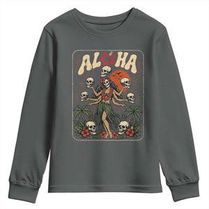 Aloha Skull Youth Sweatshirt Hibiscus Flower Hula Dancer Dark Tropical Beach Gothic Hawaiian Vibe TS10 Dark Heather Print Your Wear