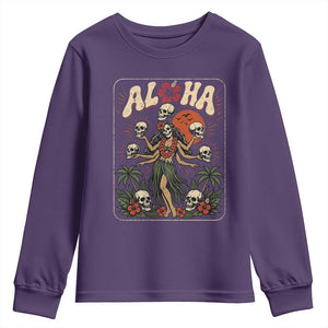 Aloha Skull Youth Sweatshirt Hibiscus Flower Hula Dancer Dark Tropical Beach Gothic Hawaiian Vibe TS10 Purple Print Your Wear
