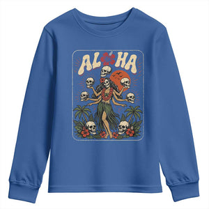 Aloha Skull Youth Sweatshirt Hibiscus Flower Hula Dancer Dark Tropical Beach Gothic Hawaiian Vibe TS10 Royal Blue Print Your Wear