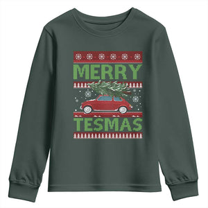 Funny Christmas Truck Youth Sweatshirt Merry Tesmas Cybertruck Futuristic Car Ugly Sweater TS10 Dark Forest Green Print Your Wear