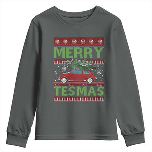 Funny Christmas Truck Youth Sweatshirt Merry Tesmas Cybertruck Futuristic Car Ugly Sweater TS10 Dark Heather Print Your Wear