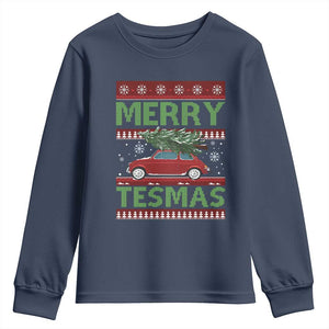 Funny Christmas Truck Youth Sweatshirt Merry Tesmas Cybertruck Futuristic Car Ugly Sweater TS10 Navy Print Your Wear