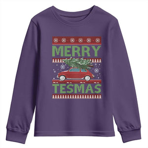 Funny Christmas Truck Youth Sweatshirt Merry Tesmas Cybertruck Futuristic Car Ugly Sweater TS10 Purple Print Your Wear