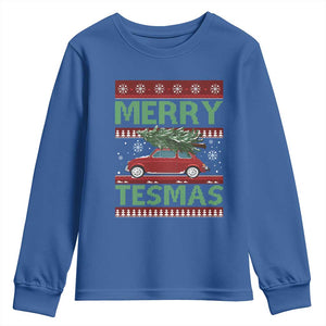Funny Christmas Truck Youth Sweatshirt Merry Tesmas Cybertruck Futuristic Car Ugly Sweater TS10 Royal Blue Print Your Wear