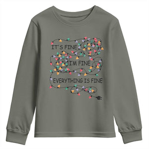 Funny Christmas Youth Sweatshirt It's Fine I'm Fine Everything Is Fine Xmas Lights TS10 Military Green Print Your Wear