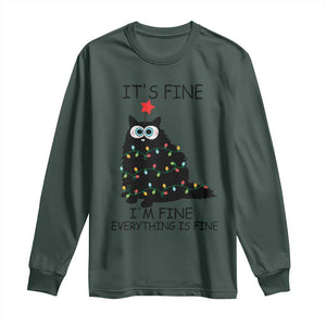 Funny Christmas Cat Long Sleeve Shirt It's Fine I'm Fine Everything Is Fine Meowy Catmas Xmas TS10 Dark Forest Green Print Your Wear
