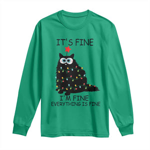 Funny Christmas Cat Long Sleeve Shirt It's Fine I'm Fine Everything Is Fine Meowy Catmas Xmas TS10 Irish Green Print Your Wear